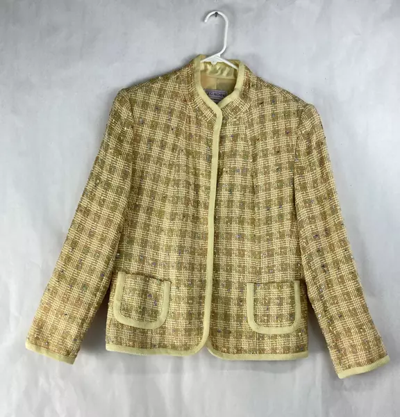 Vintage J.G. Hook Women's Blazer Size 16 Yellow Beige Snap Buttons Shoulder Pads