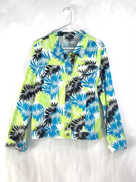 Metro Blues Women's 16T Denim Blazer Jacket Tropical Leaves Button Up
