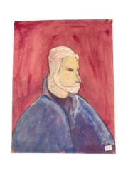 Hand Painted Watercolor Portrait Blue Burgundy July 2013 Pre-Owned Art