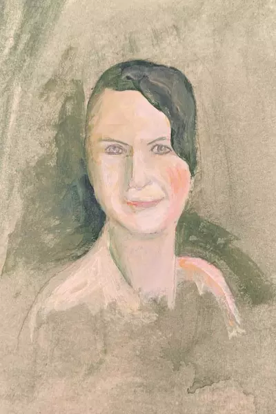 Hand-Painted Watercolor Portrait of Lady Green Tones July 2013 Art