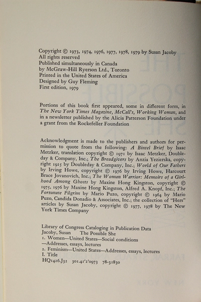 The Possible She by Susan Jacoby HC DJ First Edition 1979 - Pre-owned