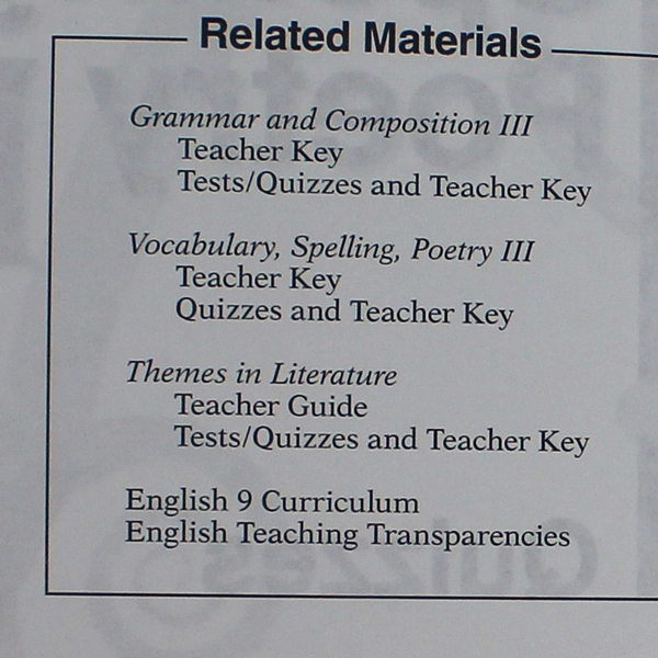 Vocabulary Spelling Poetry III Teacher Key 4th Ed 2001 A Beka Books PB