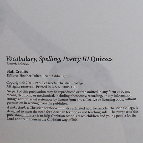 Vocabulary Spelling Poetry III Teacher Key 4th Ed 2001 A Beka Books PB
