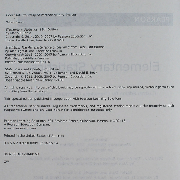 Elementary Statistics Custom Edition Chemeketa College 2014 Pearson Book