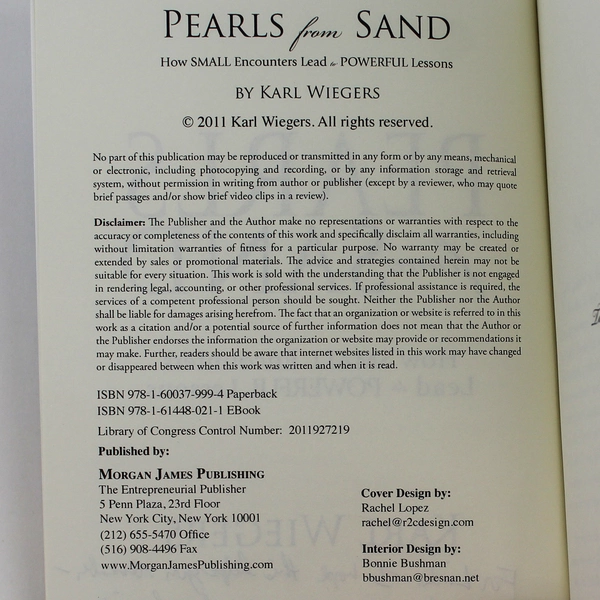 Signed Pearls from Sand by Karl Wiegers 2011 Morgan James Self-Help Book