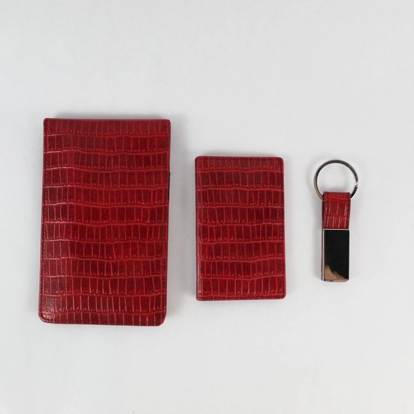 Vintage Red Faux Leather Notebook Card Holder & Keychain Set - Collectible