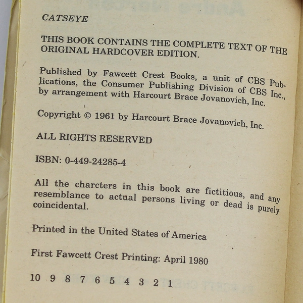 Andre Norton Catseye Paperback Novel 1961 Fawcett Crest Pre-Owned Book