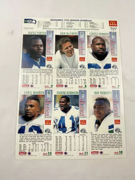 1993 McDonald's Seahawks Gameday Cards Sheet B - NFL Collectible Set