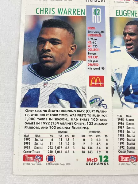 1993 McDonald's Seahawks Gameday Cards Sheet B - NFL Collectible Set
