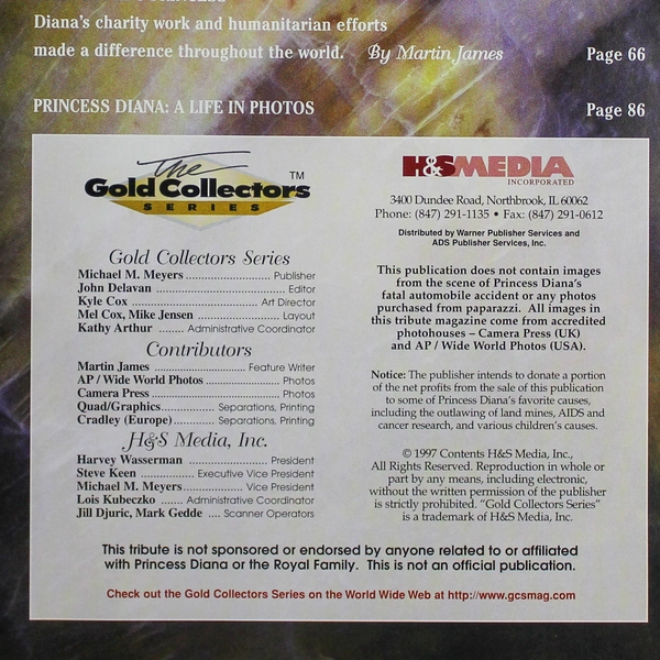 Gold Collectors Series Magazine Tribute to Princess Diana - Good Condition