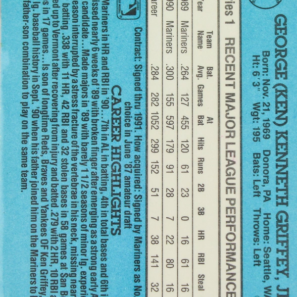 Vintage 1991 Donruss Leaf Ken Griffey Jr Card Seattle Mariners MLB