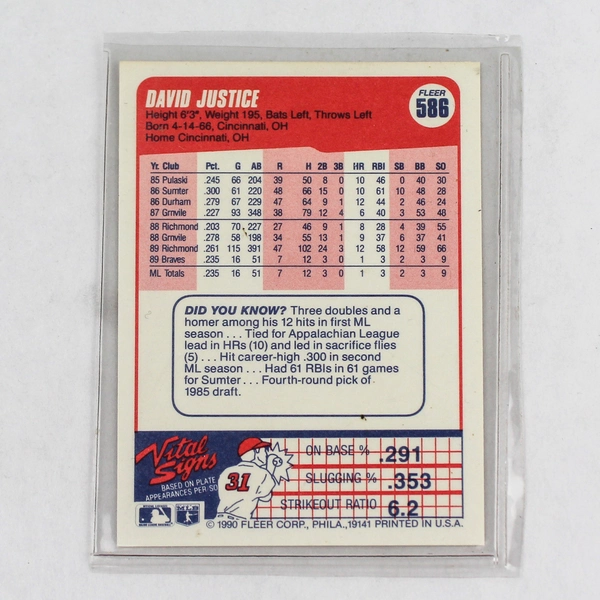 1990 Fleer David Justice Baseball Card Atlanta Braves MLB Outfield