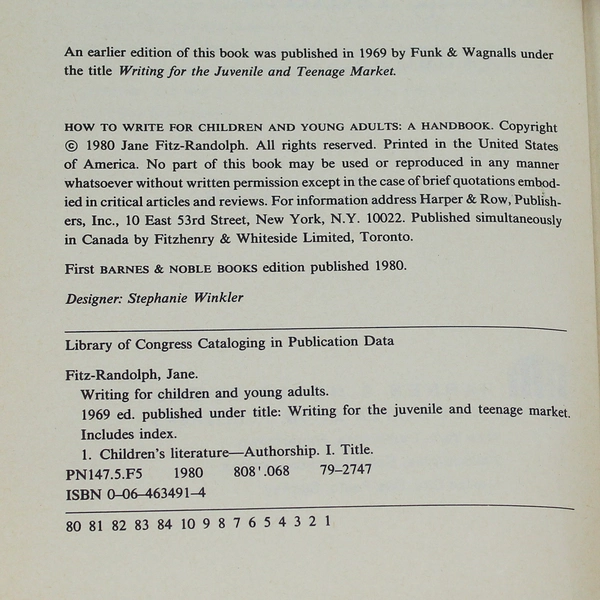 How To Write For Children & Young Adults by Jane Fitz-Randolph 1980