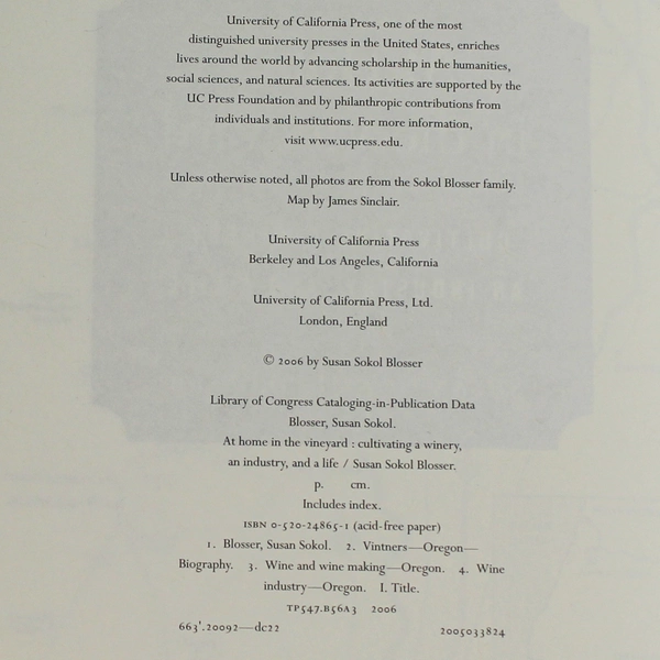 Signed At Home in the Vineyard by Susan Sokol Blosser, UC Press 2006