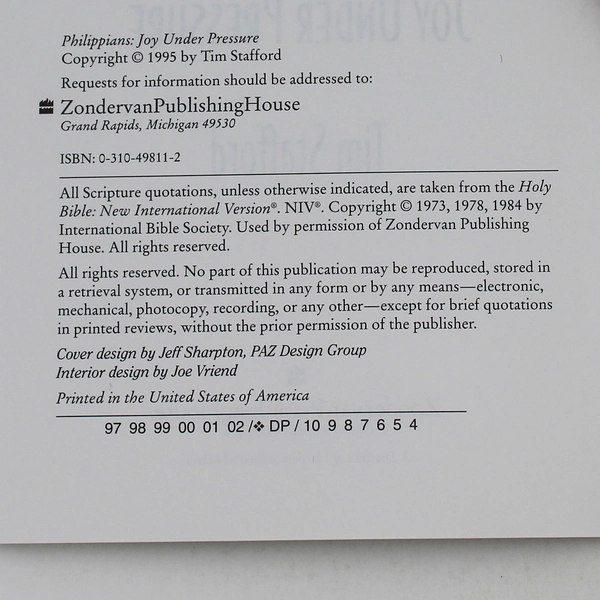 Joy Under Pressure: Philippians by Tim Stafford, 1995 Zondervan PB