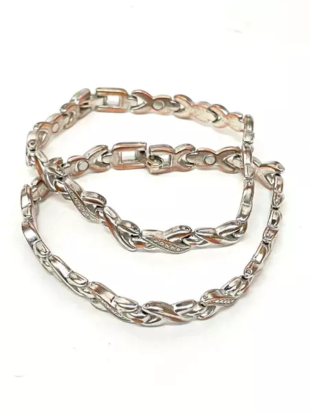 Lot of 2 Silver Tone Rhinestone Bracelets 7.25" Spiral Dot Pattern