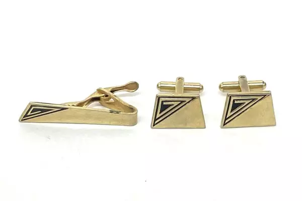 Vintage Men's Gold Tone Cufflinks & Tie Clip Set Black Triangle Design