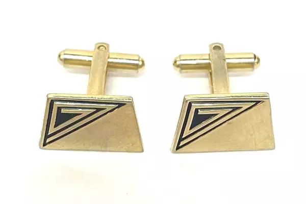 Vintage Men's Gold Tone Cufflinks & Tie Clip Set Black Triangle Design