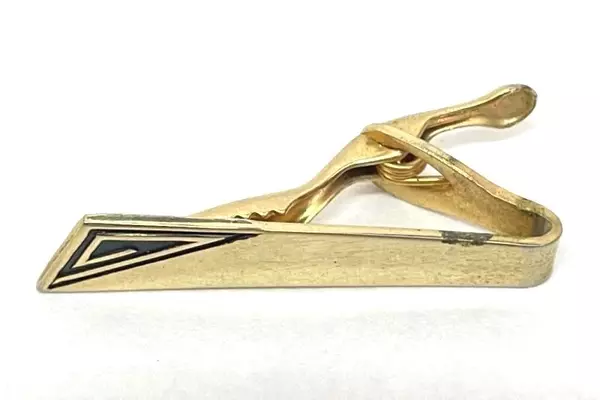 Vintage Men's Gold Tone Cufflinks & Tie Clip Set Black Triangle Design