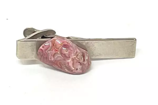 Vintage Silver Tone Men's Rhodochrosite Gemstone Tie Clip - Good Condition