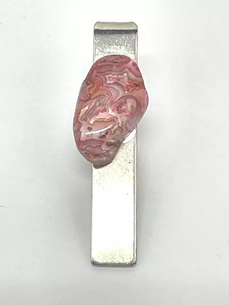 Vintage Silver Tone Men's Rhodochrosite Gemstone Tie Clip - Good Condition