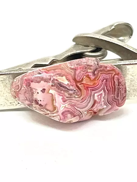 Vintage Silver Tone Men's Rhodochrosite Gemstone Tie Clip - Good Condition