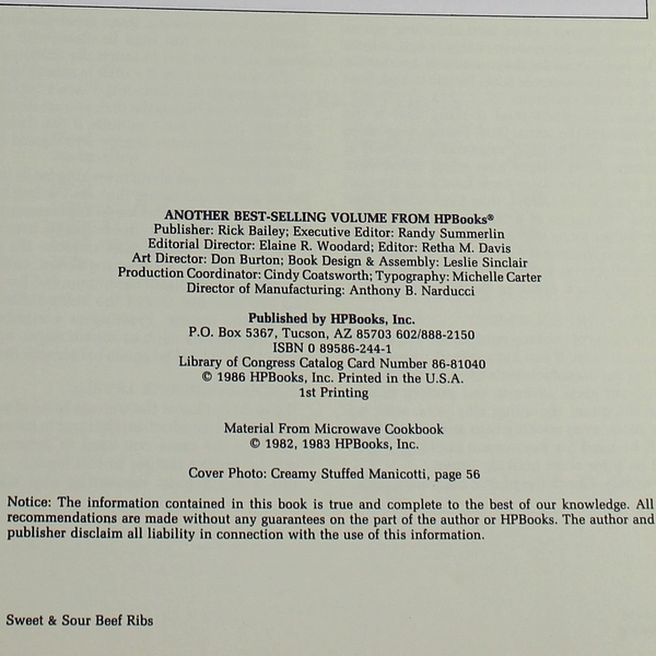 Creative Cuisine Microwave Cookery for 1 or 2 HP Books Paperback 1986