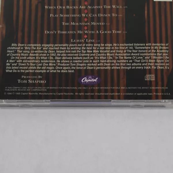 Billy Dean It's What I Do 1996 CD Capitol Records Good Pre-Owned Condition