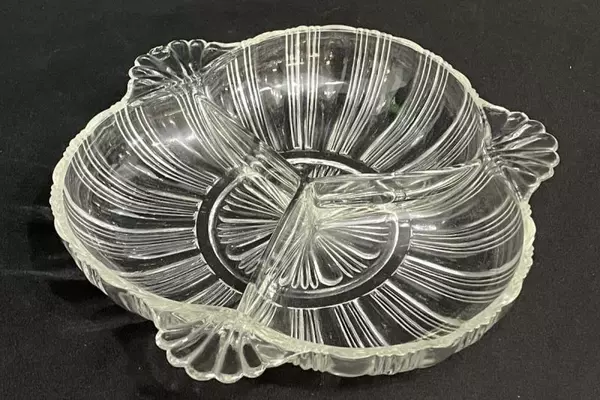 Vintage Hazel Atlas 3-Section Divided Relish Dish, Ribbed & Strawberry Shape