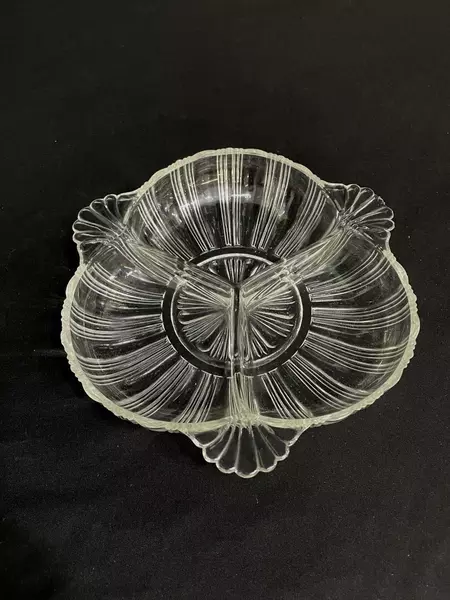 Vintage Hazel Atlas 3-Section Divided Relish Dish, Ribbed & Strawberry Shape