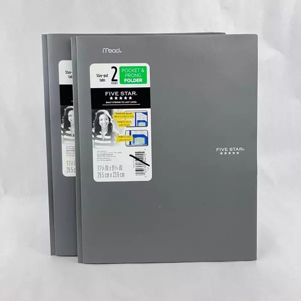 Lot of 2 Mead Five Star X-633 2 Pocket & Prong Folders School Gray Stay Put Tabs
