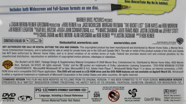 The Bucket List DVD 2007 Jack Nicholson Morgan Freeman Warner Bros Movie