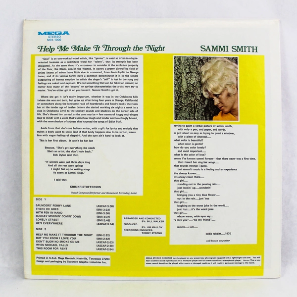 Sammi Smith Help Me Make It Through the Night Vinyl 33RPM Vintage 1971