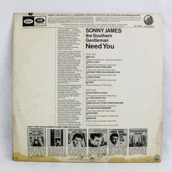 Sonny James Need You Vinyl Album 1967 Capitol Records 33 RPM Used