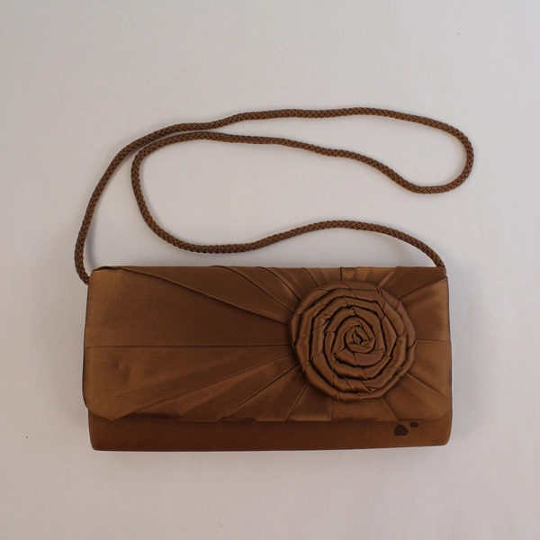 Vintage Brown Sateen Evening Clutch Purse with Rose Design, Pre-Owned