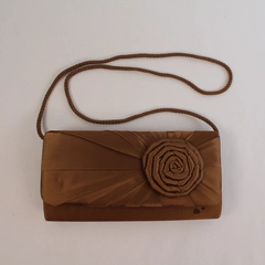 Vintage Brown Sateen Evening Clutch Purse with Rose Design, Pre-Owned