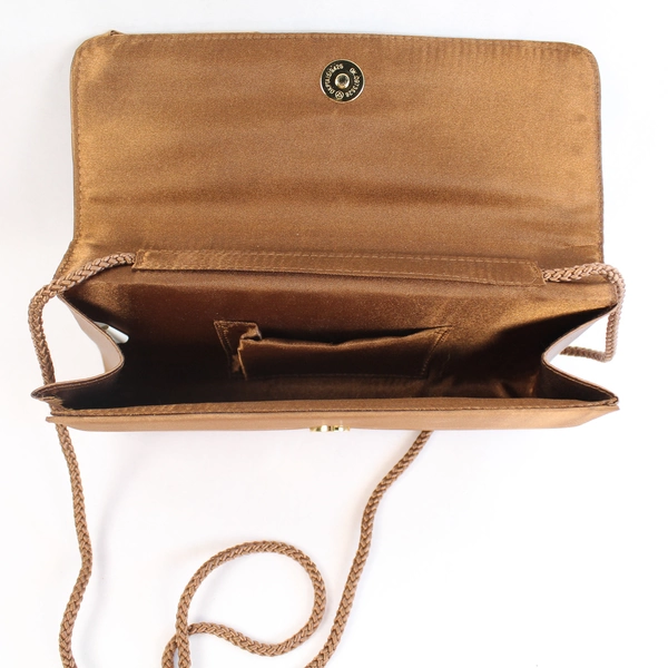 Vintage Brown Sateen Evening Clutch Purse with Rose Design, Pre-Owned