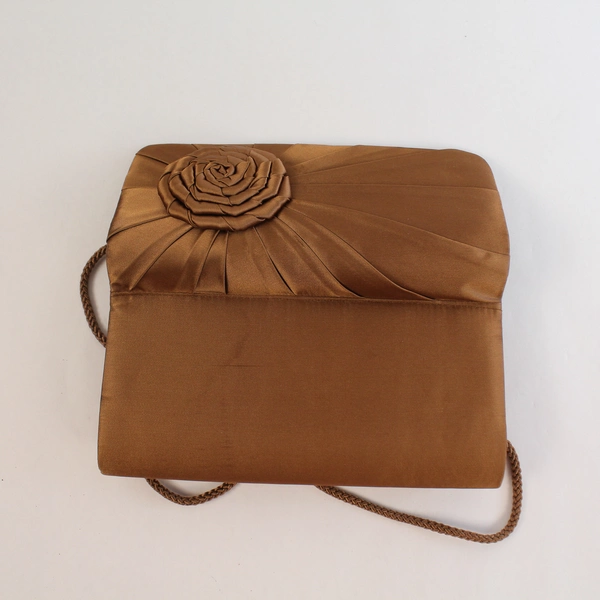 Vintage Brown Sateen Evening Clutch Purse with Rose Design, Pre-Owned