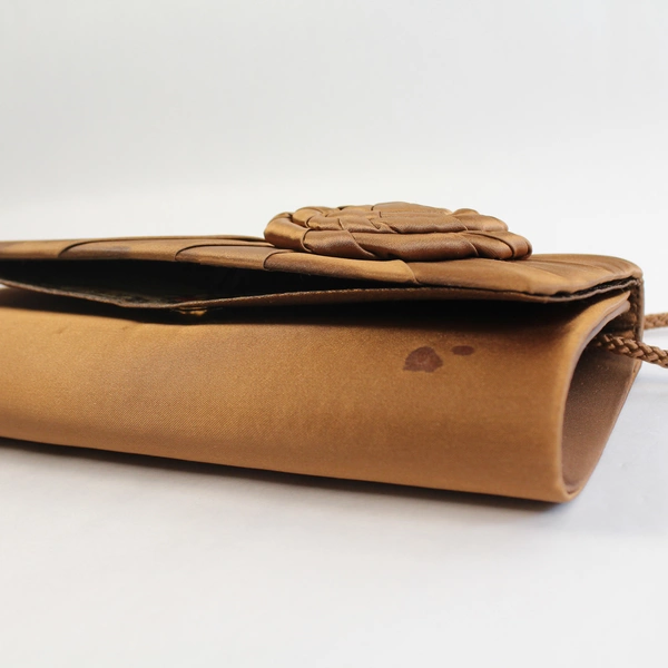 Vintage Brown Sateen Evening Clutch Purse with Rose Design, Pre-Owned