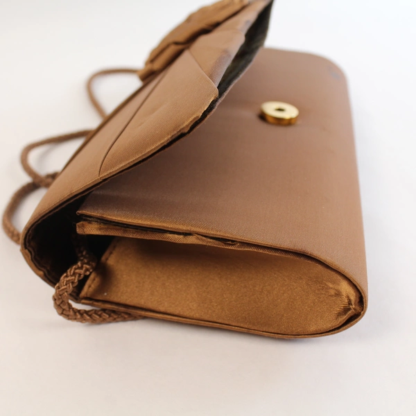 Vintage Brown Sateen Evening Clutch Purse with Rose Design, Pre-Owned
