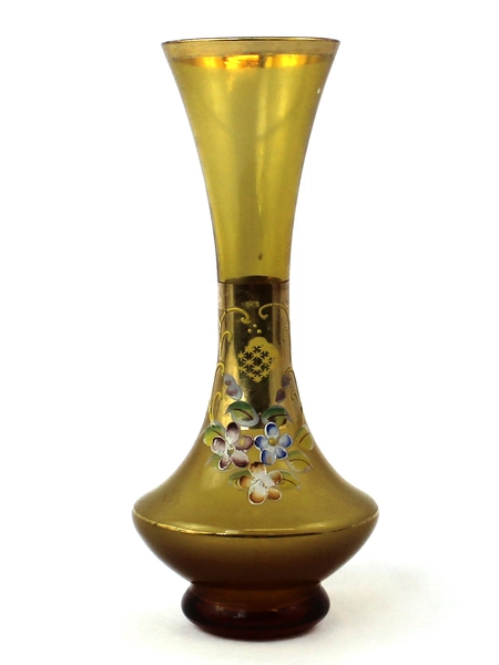 Vintage 7in Bud Vase Bohemian Style Floral Hand Painted Amber Glass Planter