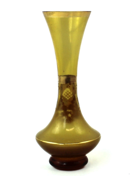 Vintage 7in Bud Vase Bohemian Style Floral Hand Painted Amber Glass Planter