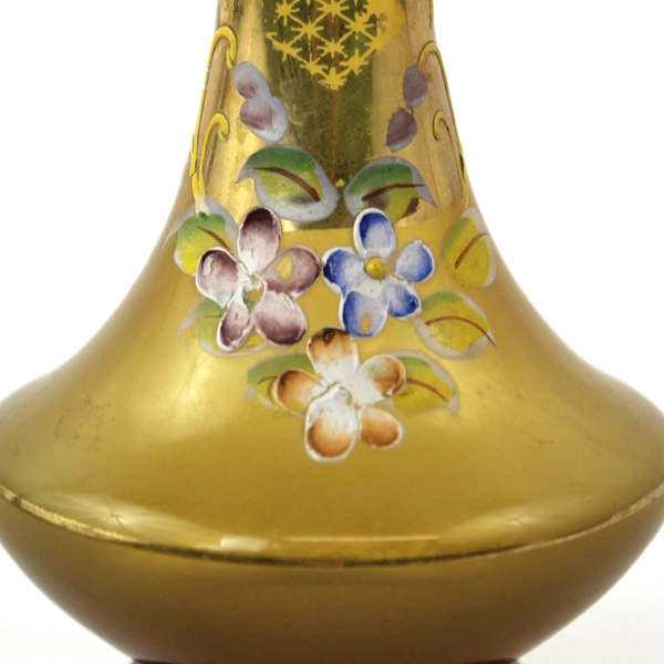 Vintage 7in Bud Vase Bohemian Style Floral Hand Painted Amber Glass Planter