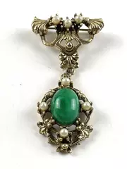 Ornate Gold Tone Jade Glass Brooch Seed Pearls Pin Green Stone