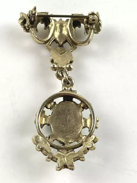 Ornate Gold Tone Jade Glass Brooch Seed Pearls Pin Green Stone