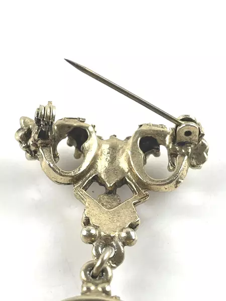 Ornate Gold Tone Jade Glass Brooch Seed Pearls Pin Green Stone