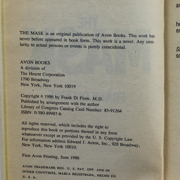The Mask by Frank Di Fiore 1986 Medical Thriller Novel - Good Condition
