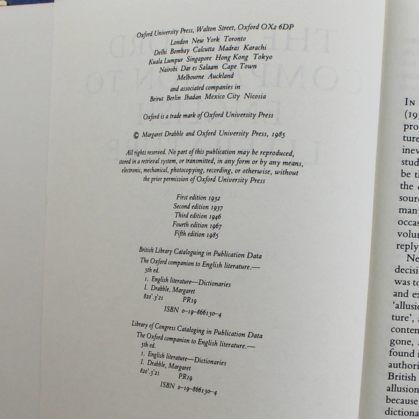 The Oxford Companion to English Literature 5th Ed by Margaret Drabble 1985