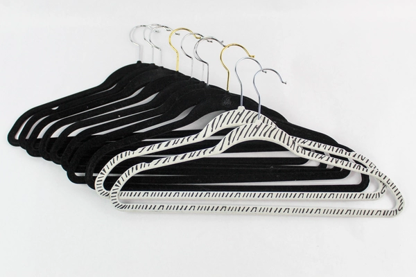 Lot of 10 Black Velvet Space-Saving Hangers with Zebra Stripes & Hooks