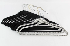 Lot of 10 Black Velvet Space-Saving Hangers with Zebra Stripes & Hooks